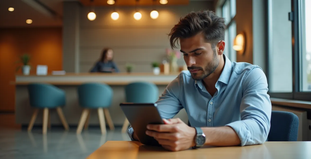 Personne consultant une tablette montrant différentes options de logement