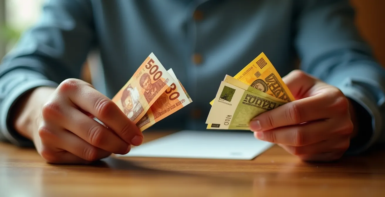 Mains tenant des billets en francs suisses et euros illustrant la différence de coût