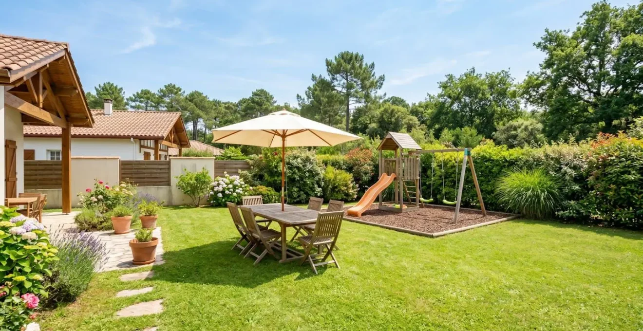 Jardin privé clos d'une villa landaise aménagé avec salon de jardin en bois, parasol et jeux pour enfants, haie végétale en bordure