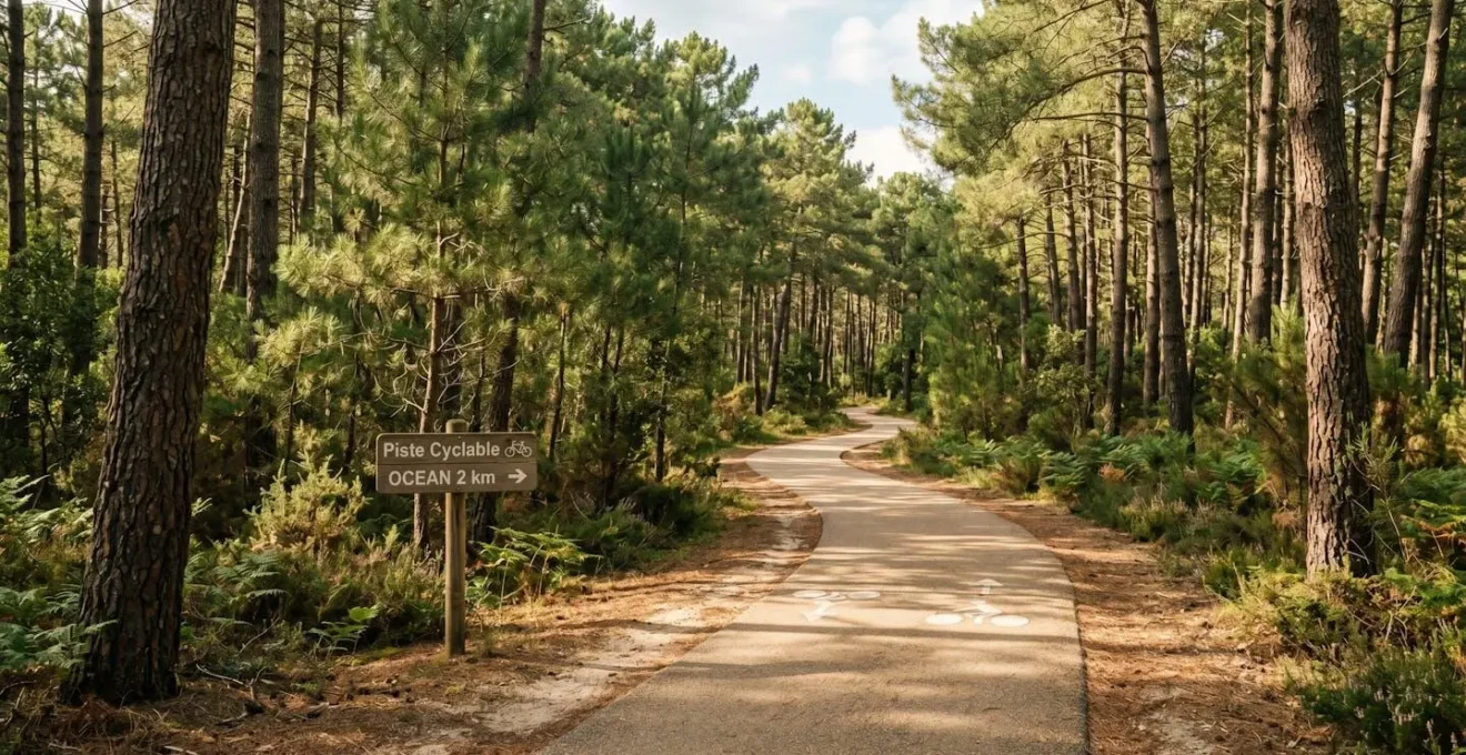 Piste cyclable aménagée traversant la forêt de pins maritimes avec signalisation et marquage au sol, lumière naturelle filtrée par les branches