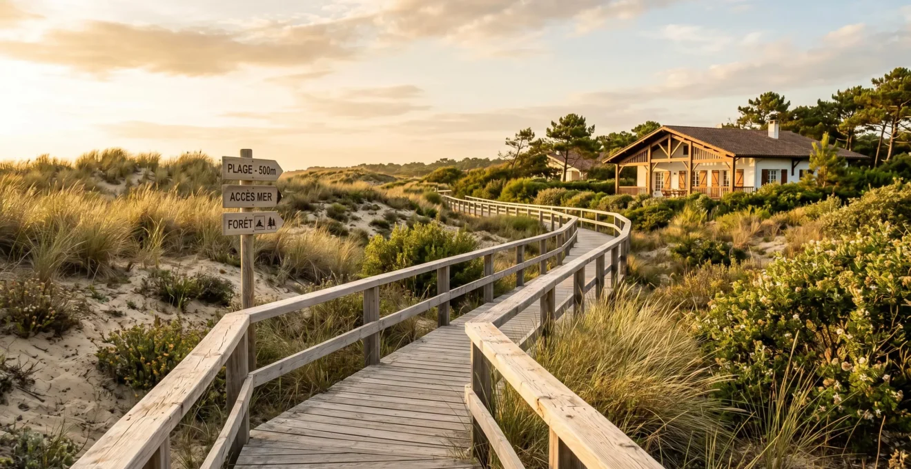 Sentier piéton en bois traversant la dune de sable avec végétation dunaire et panneau directionnel plage, villa landaise visible en arrière-plan