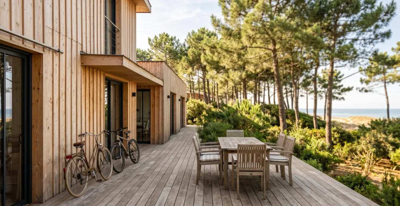 Terrasse en bois d'une villa landaise donnant sur un jardin de pins maritimes avec aperçu de la dune et de l'océan Atlantique au loin, vélos et mobilier outdoor en premier plan