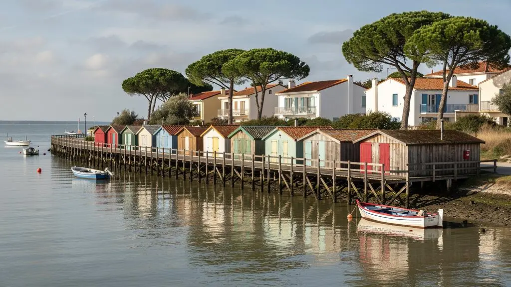 Cabanes ostréicoles colorées sur pilotis le long du Bassin d'Arcachon à Andernos-les-Bains avec la jetée en arrière-plan