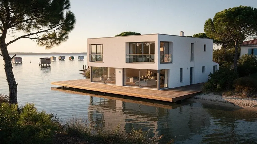 Villa contemporaine blanche avec terrasse en bois située directement en front de Bassin à Andernos-les-Bains